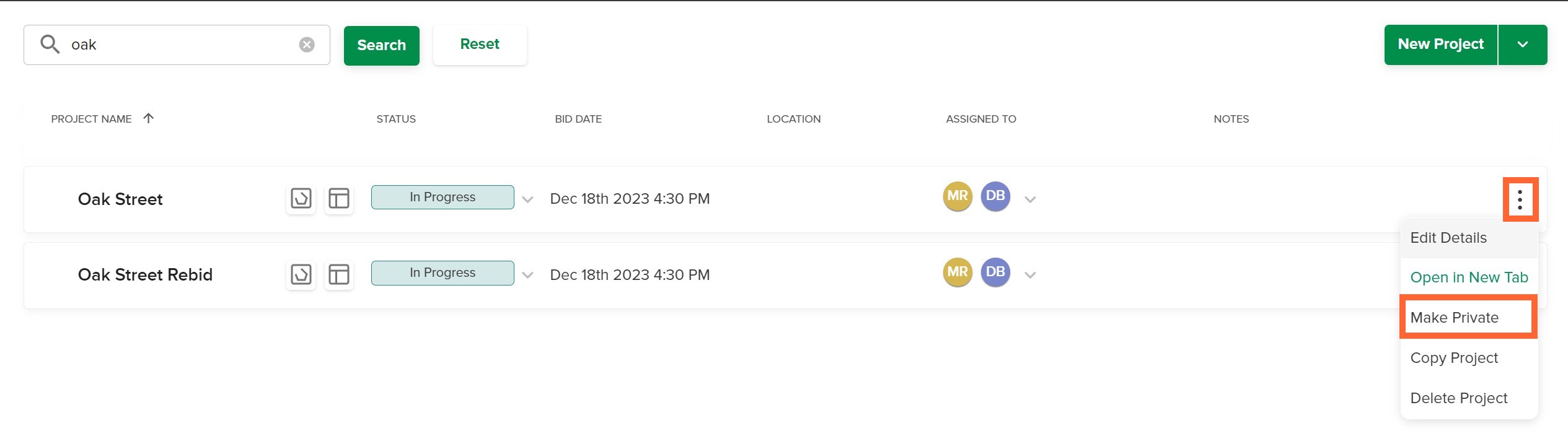 Private Project from Project List marked(1)