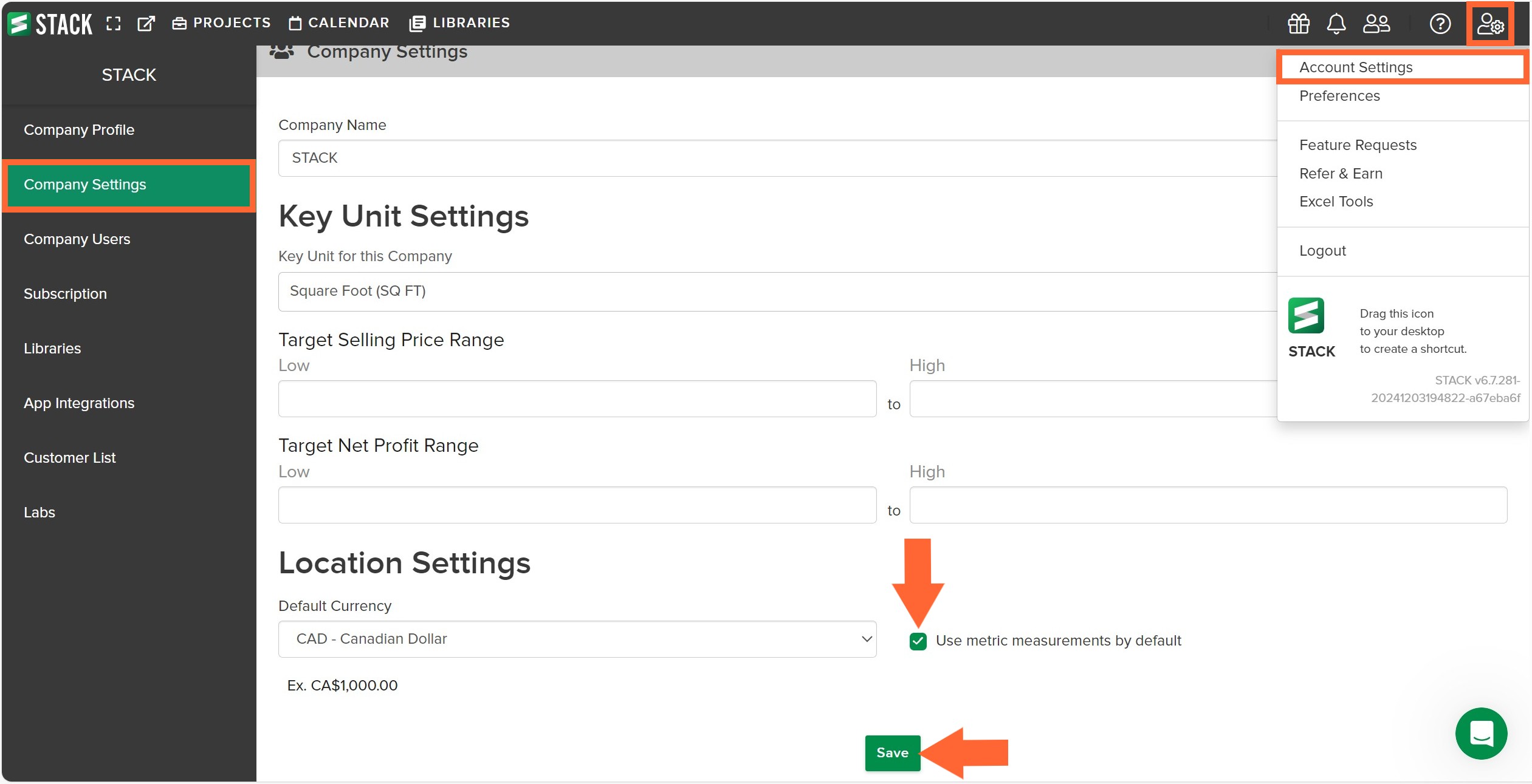 change default measurement to metric marked