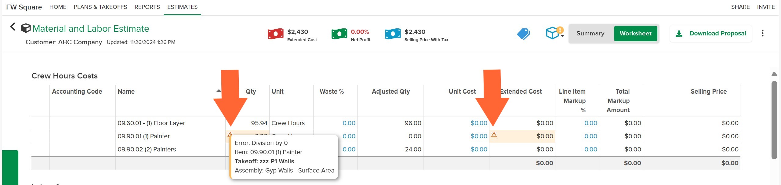 Quantity Extended Cost Error marked