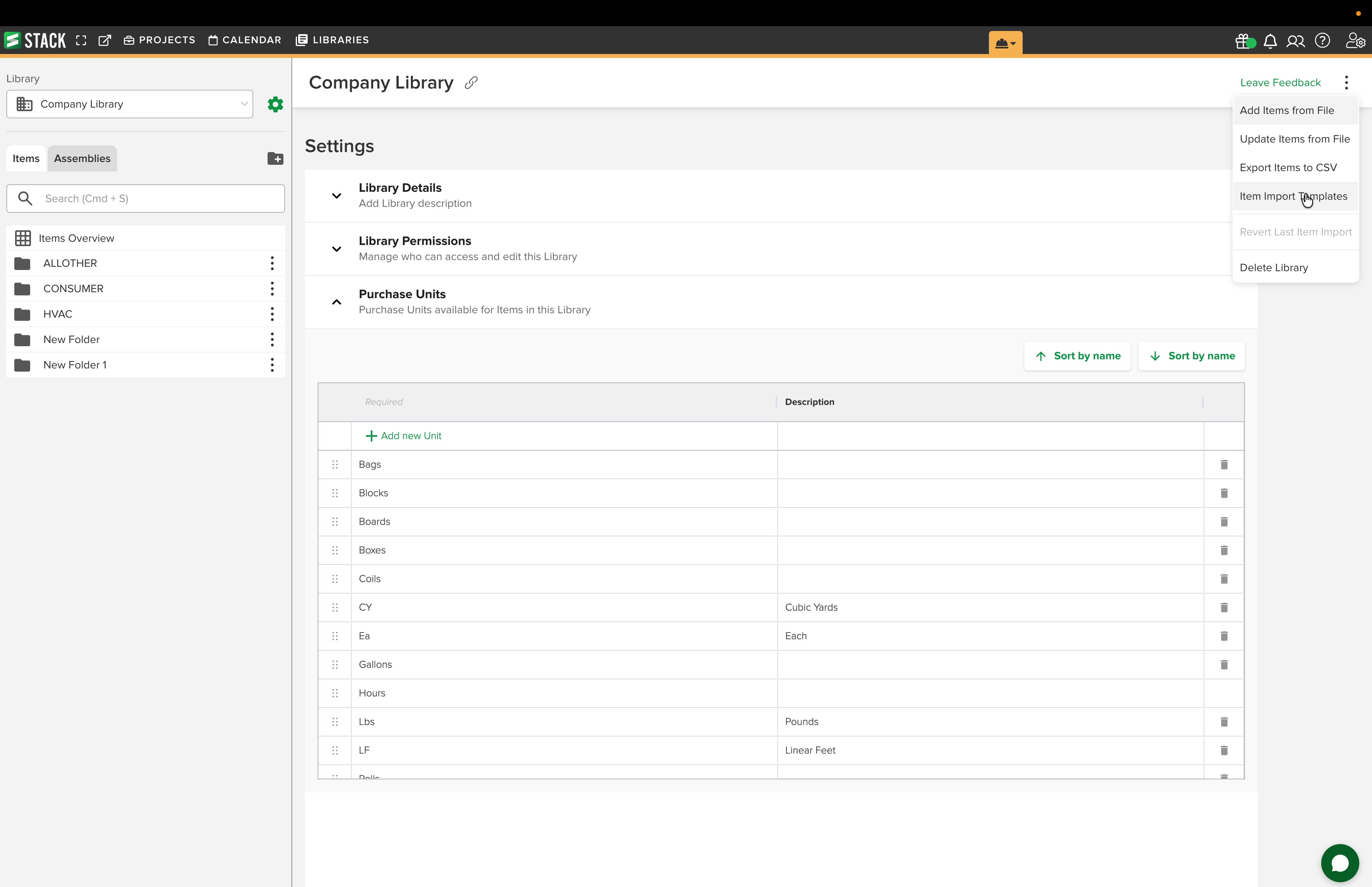 Library Settings More menu showing Add Items from File, Update Items from File, Export Items to CSV, Item Import Templates and Revert Last Item Import