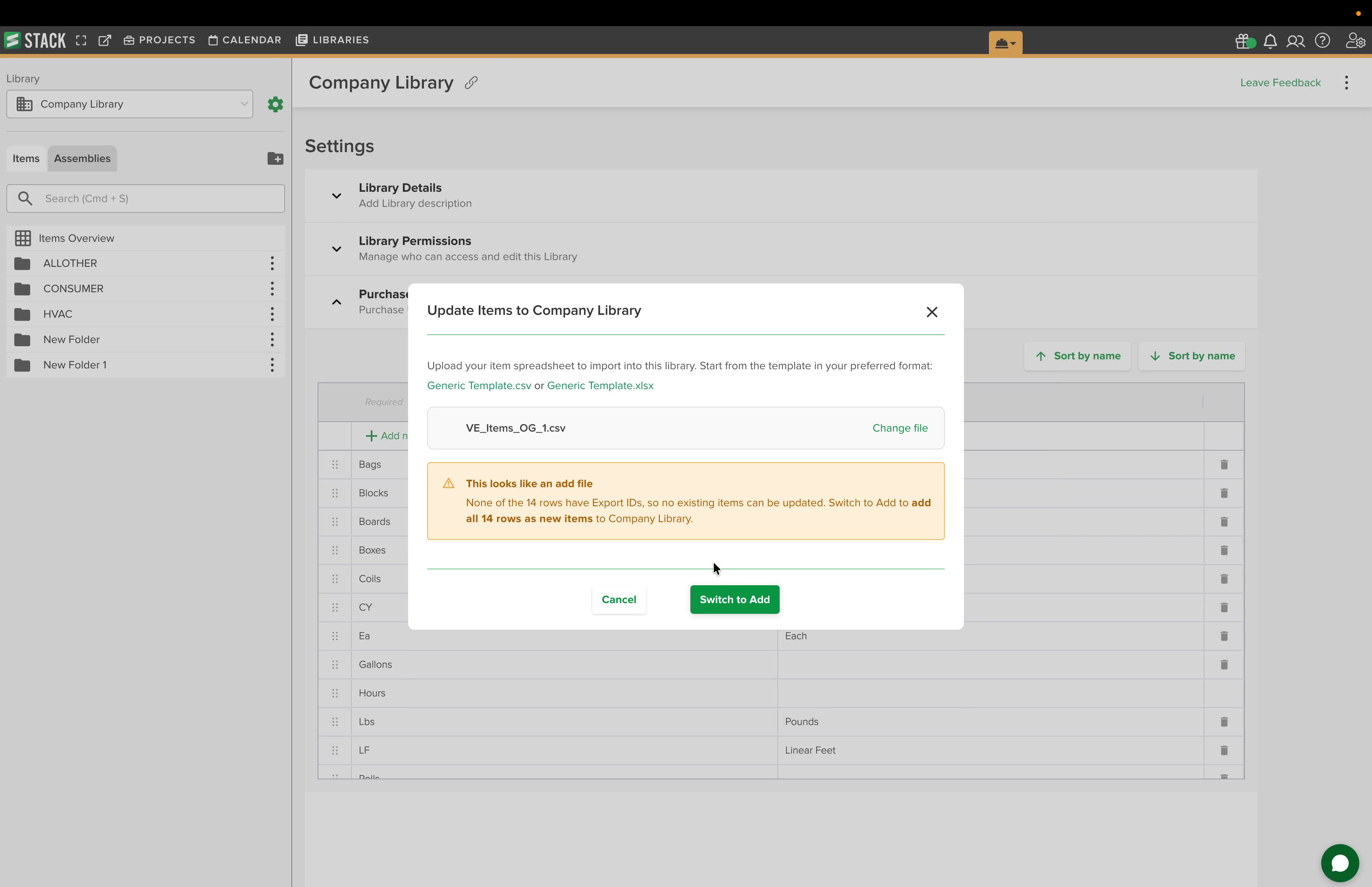 Update Items window warning that the file looks like an add file, with a Switch to Add button