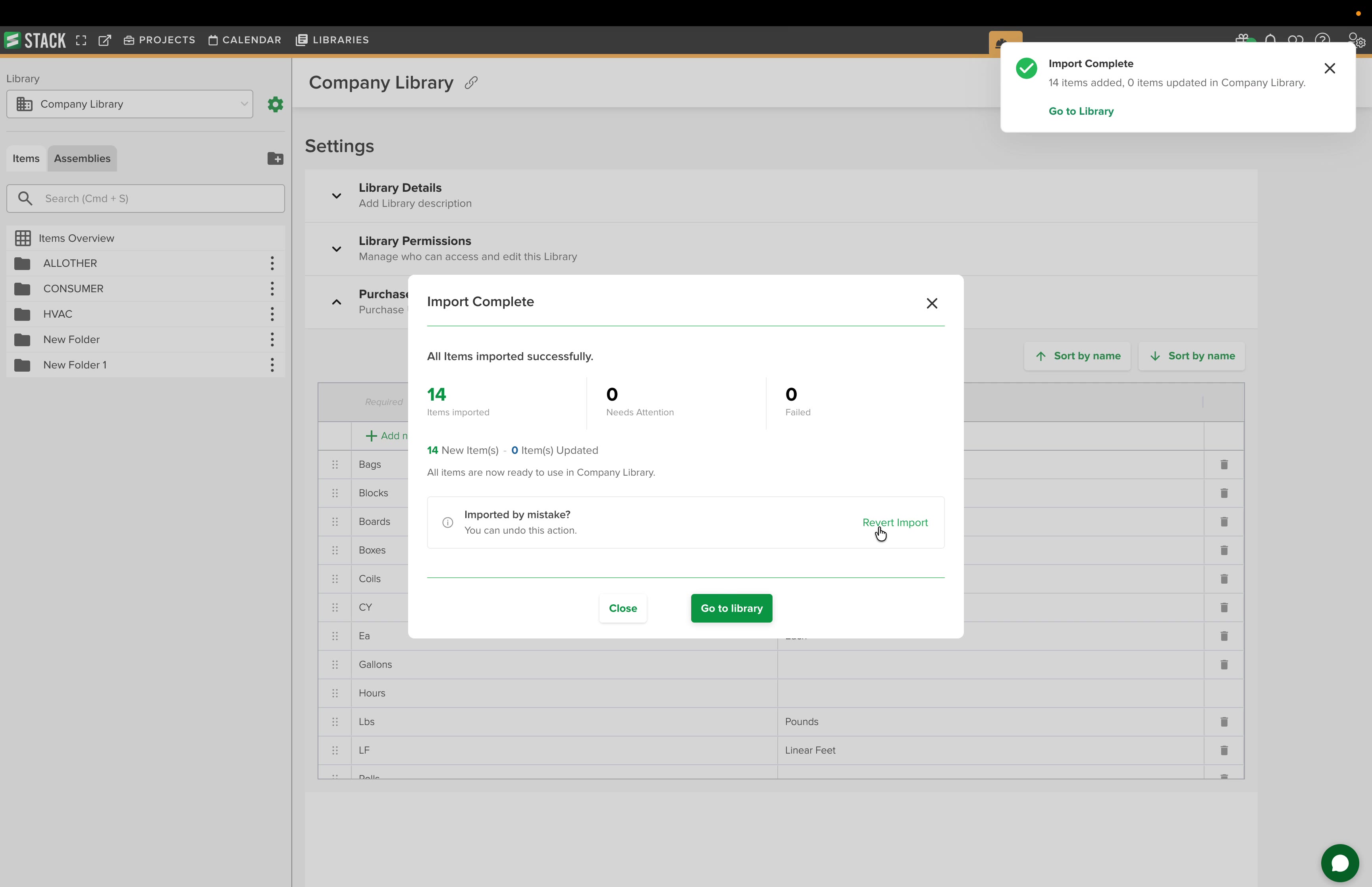 Revert Import confirmation window listing what will be removed and restored