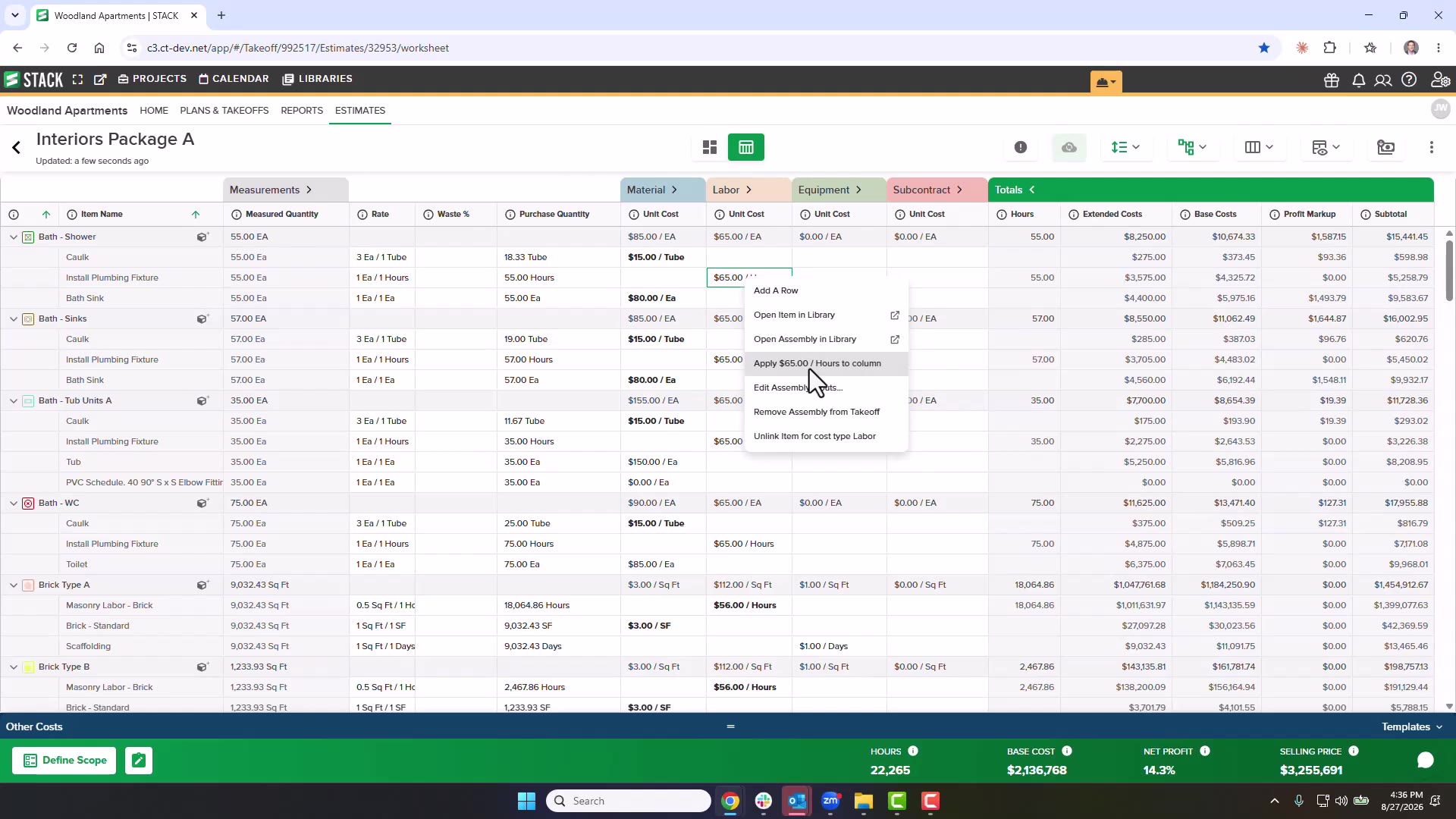 Right-click menu on a unit cost cell showing the Apply $65.00 / Hours to column option
