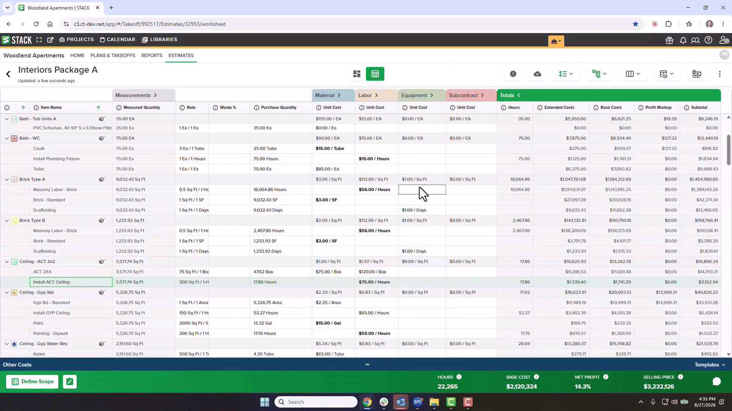 Right-clicking a Labor Unit Cost cell and applying the rate to every line item in the column with a matching Purchase Unit