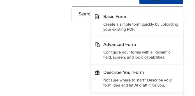 The Create menu on the Forms page showing Basic Form, Advanced Form and Describe Your Form