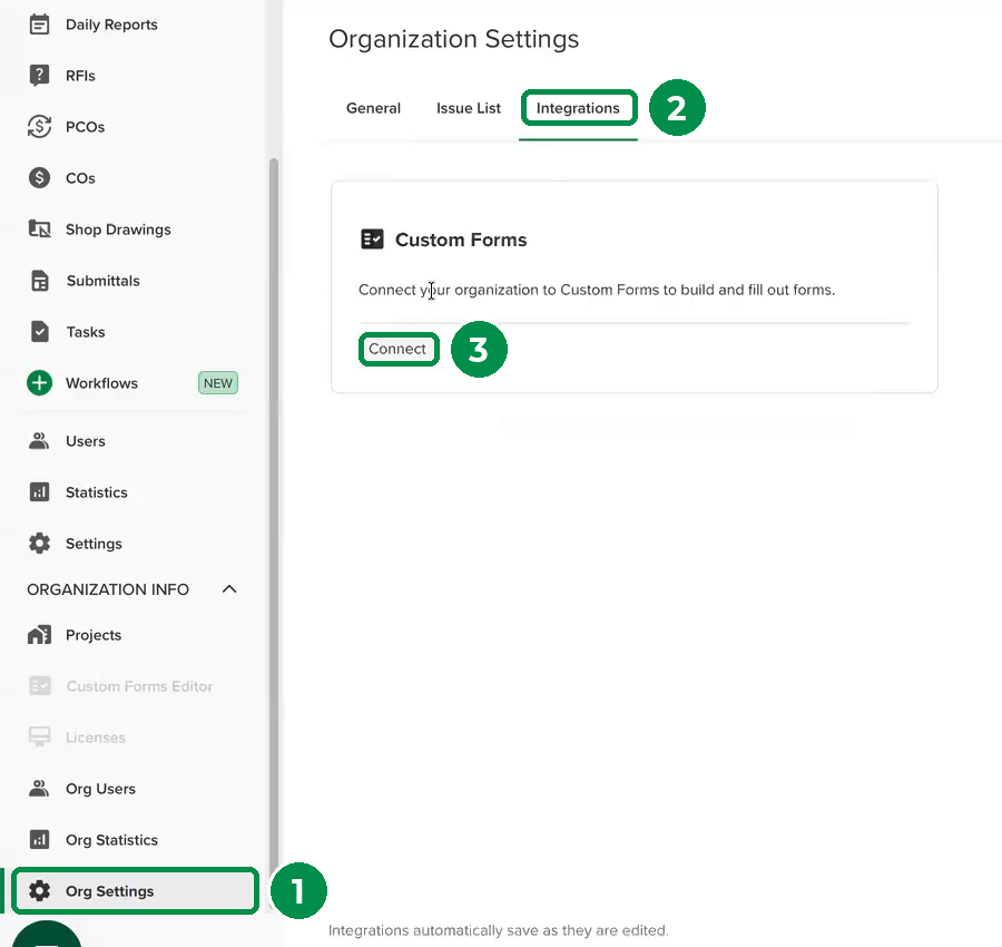 Configuración de la organización en la pestaña Integraciones. Las marcas numeradas muestran Org Settings en el menú izquierdo (1), la pestaña Integrations (2) y el botón Connect de la tarjeta Custom Forms (3).