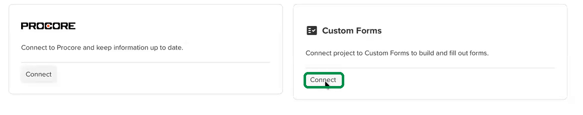 Onglet Integrations d'un projet, avec le bouton Connect encadré dans la carte Custom Forms, à côté de la carte Procore.