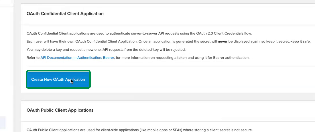 Paramètres de l'API avec le bouton Create New OAuth Application encadré sous OAuth Confidential Client Application.